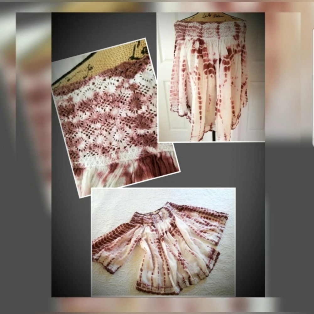 Tie dye pink lace bell sleeve smocked off shoulder Boho